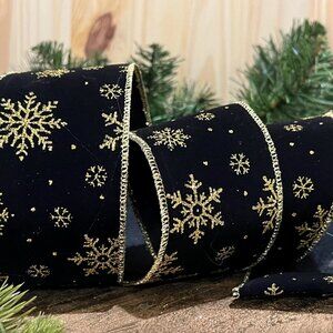 Black Velvet Gold Glitter Snowflake 2.5 Inch Christmas Ribbon Craft Supplies